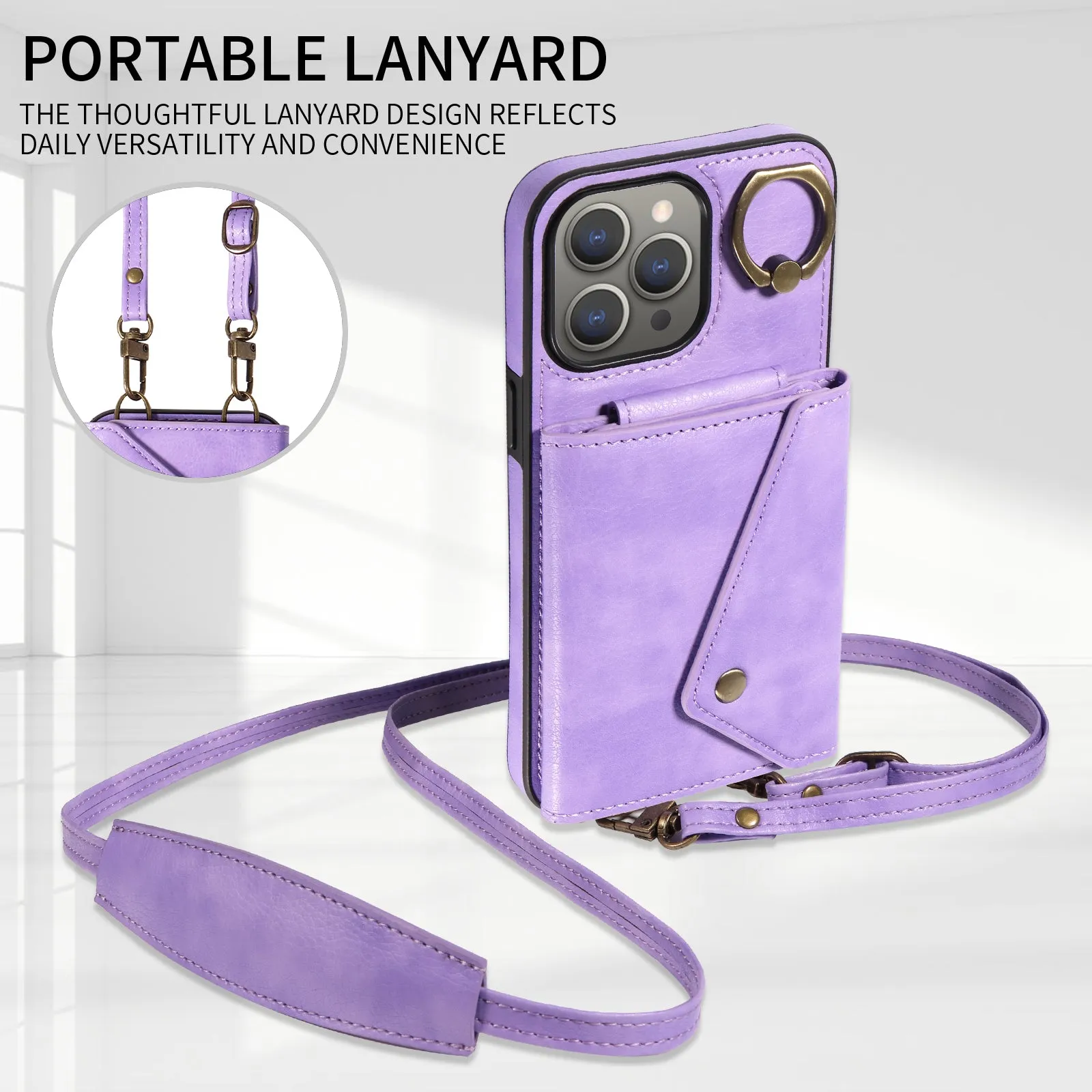 002 Wallet Phone Shell for iPhone 15 Pro Max Protective Case Litchi Texture PU TPU Kickstand Cover with Shoulder Strap