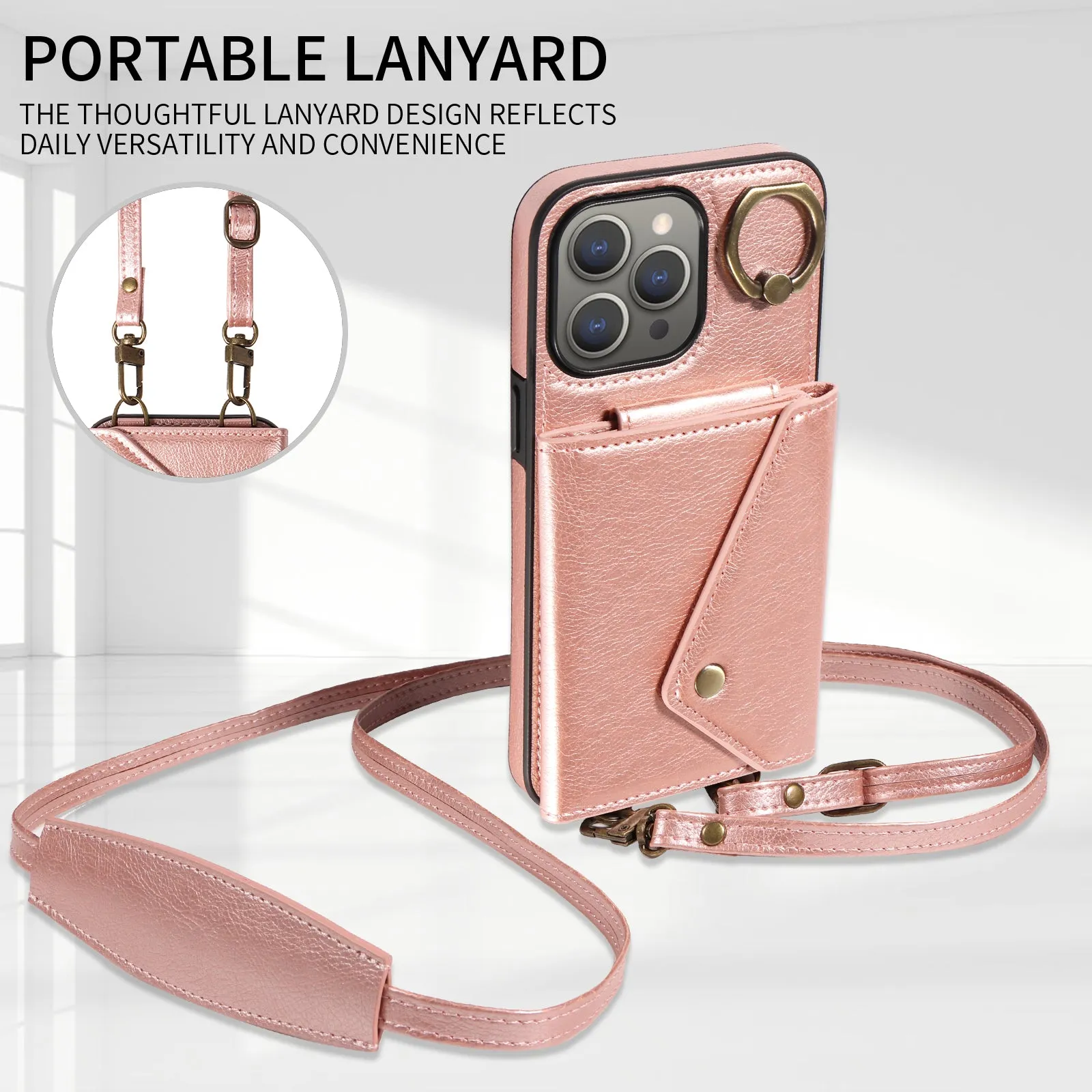 002 Wallet Phone Shell for iPhone 15 Pro Max Protective Case Litchi Texture PU TPU Kickstand Cover with Shoulder Strap