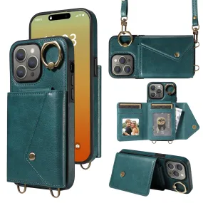 002 Wallet Phone Shell for iPhone 15 Pro Max Protective Case Litchi Texture PU TPU Kickstand Cover with Shoulder Strap