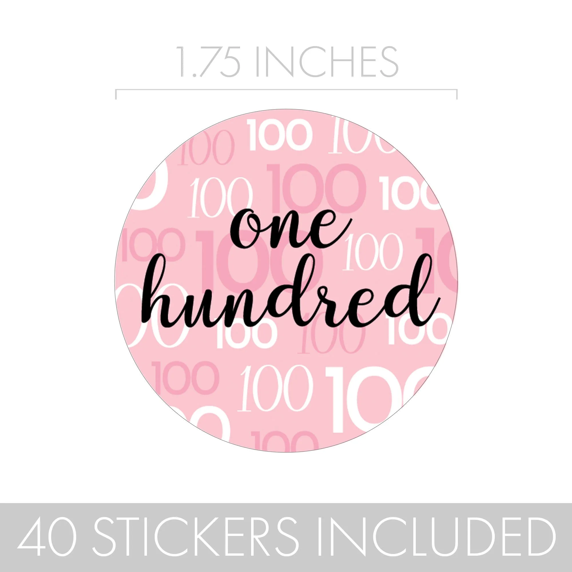 100th Birthday: Pink and Black - Adult Birthday - Round Favor Stickers - 40 Stickers