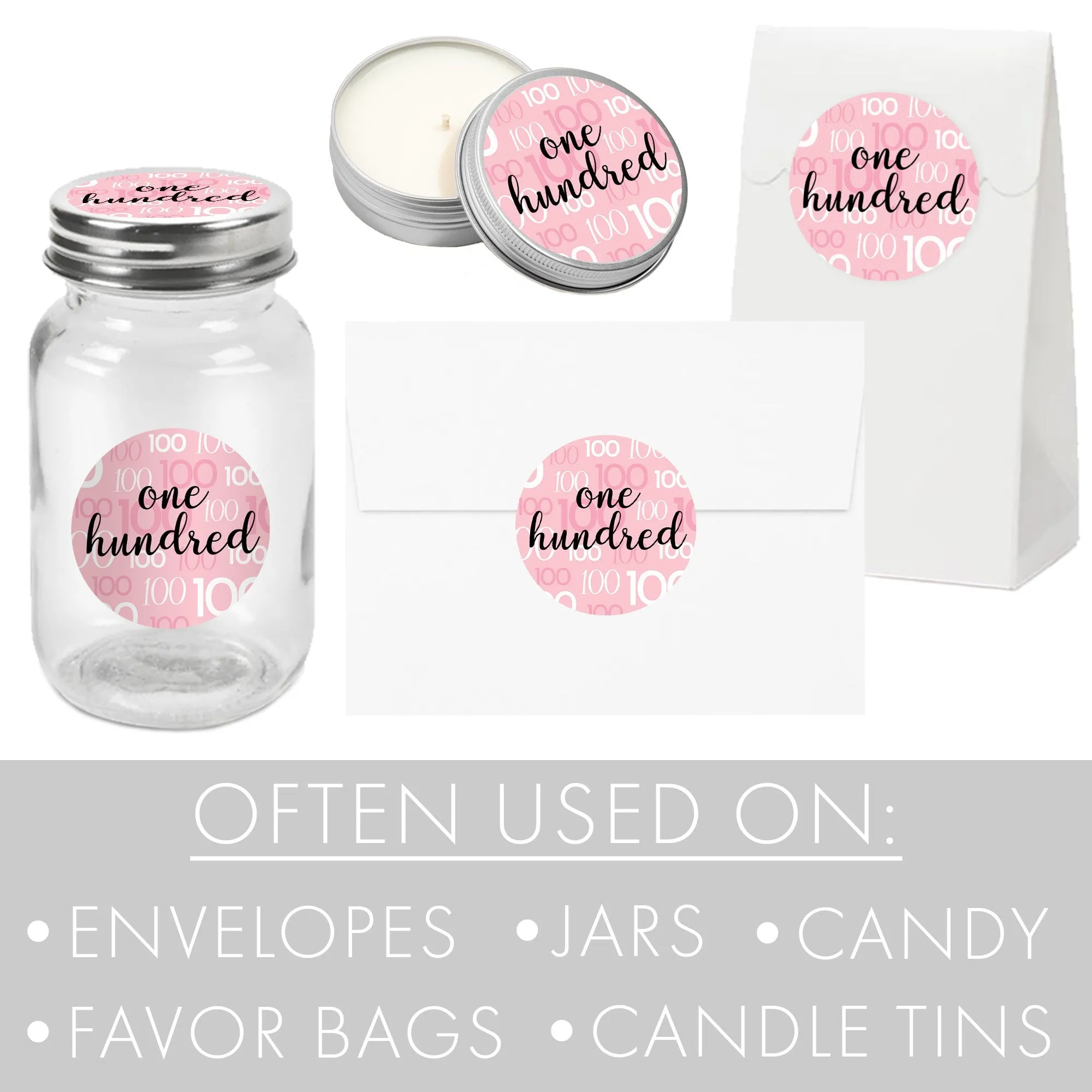 100th Birthday: Pink and Black - Adult Birthday - Round Favor Stickers - 40 Stickers