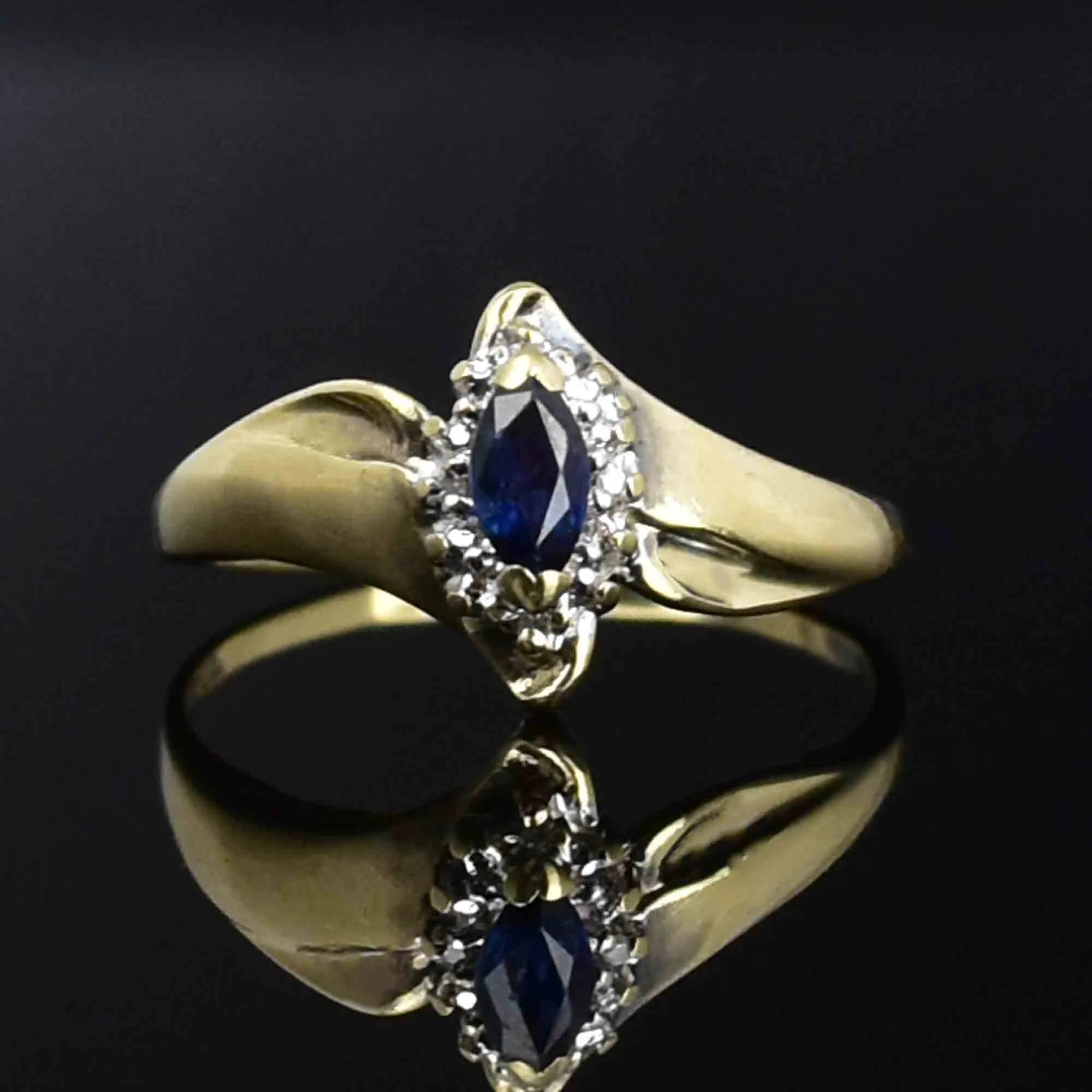 10K Gold Marquise Sapphire Diamond Jalo Engagement Ring