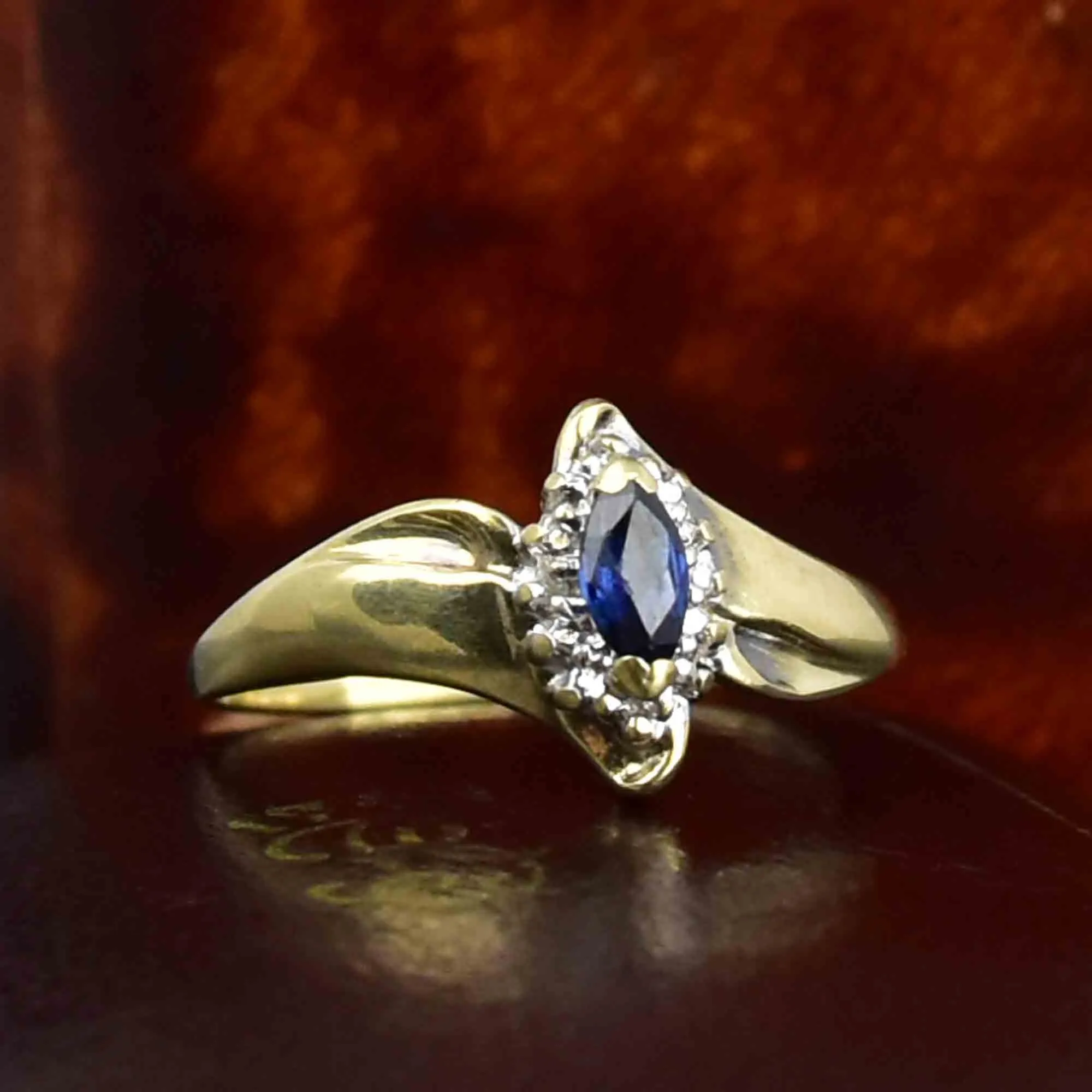 10K Gold Marquise Sapphire Diamond Jalo Engagement Ring