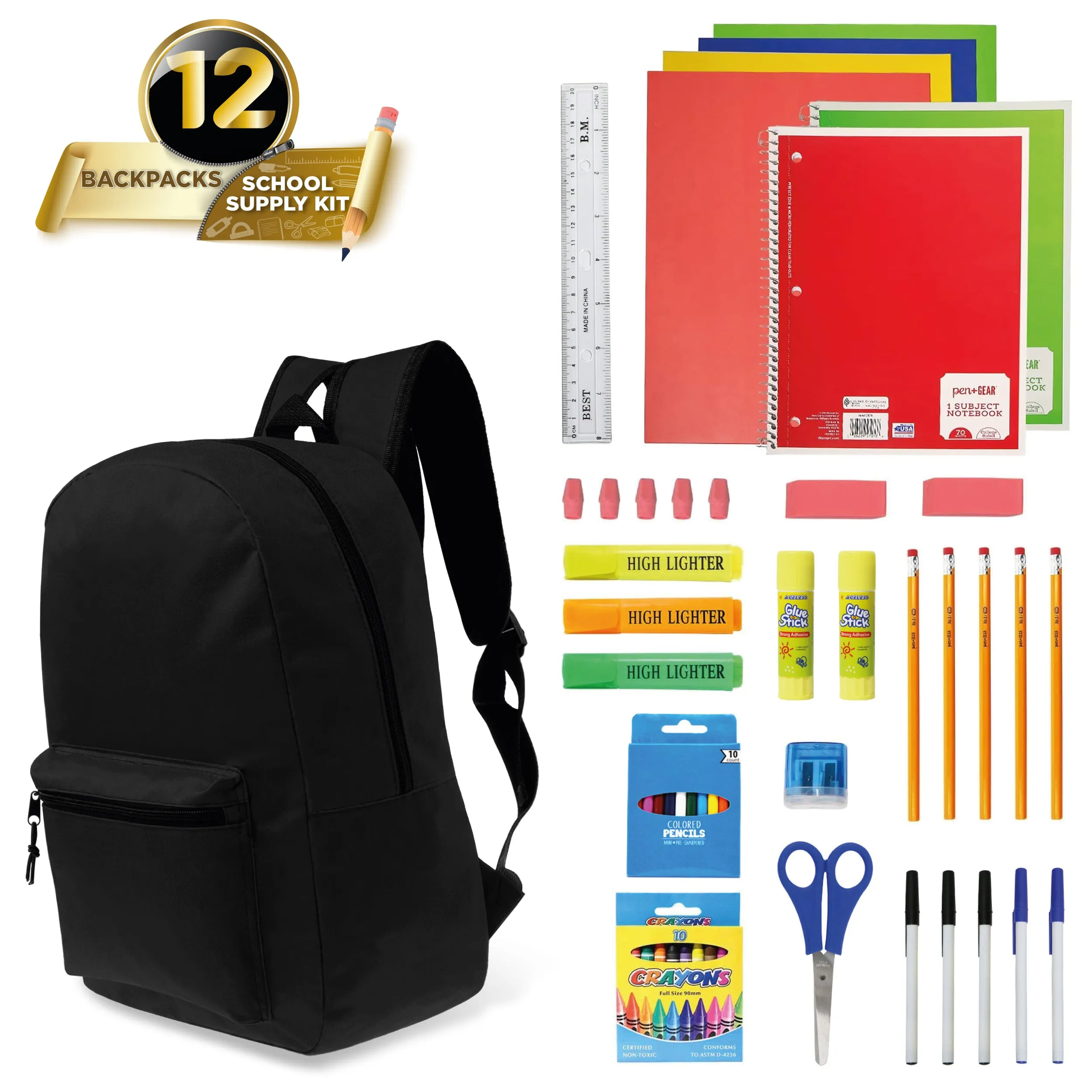 12 Wholesale 15" Classic Backpacks in Black & 12 Bulk School Supply Kits of Your Choice