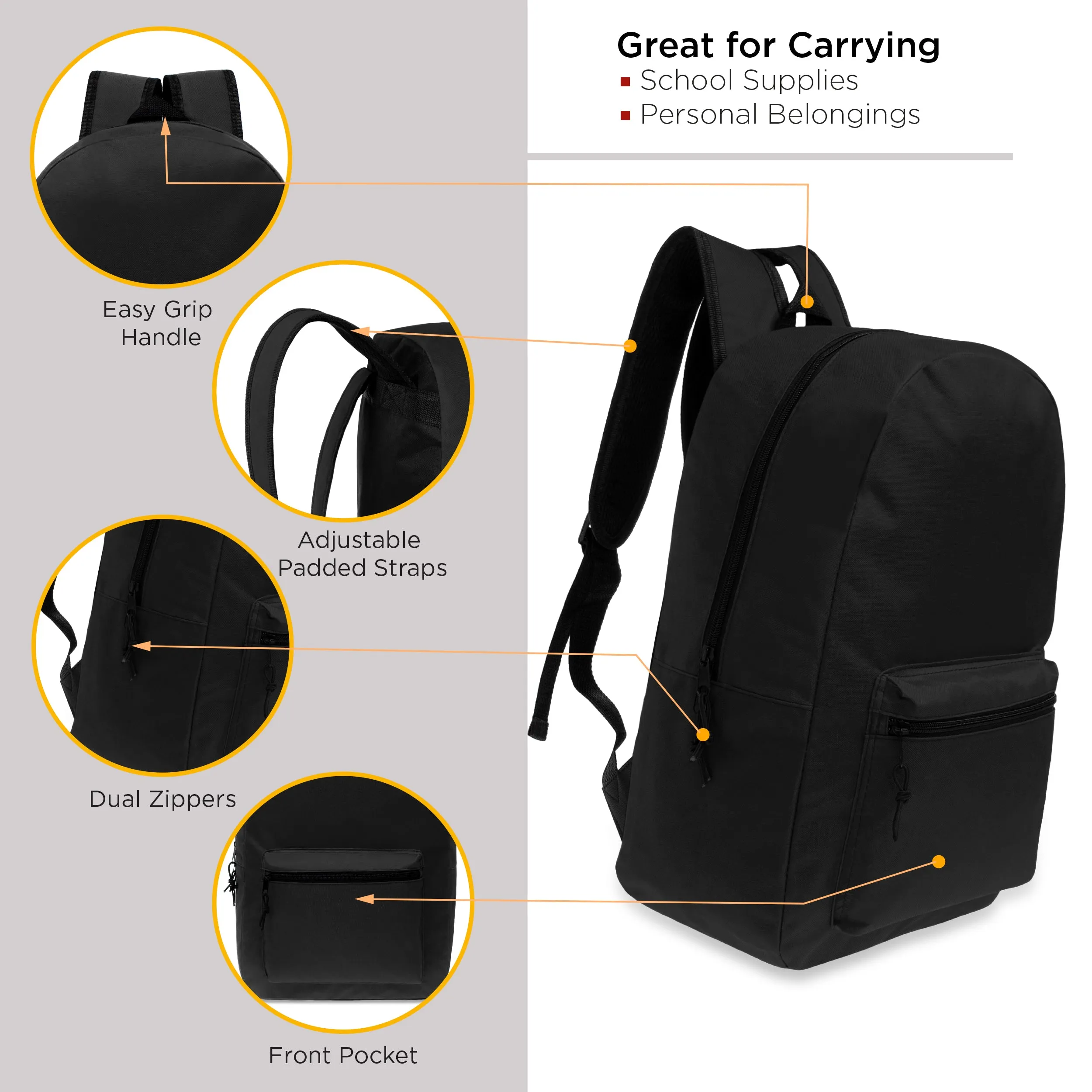 12 Wholesale 15" Classic Backpacks in Black & 12 Bulk School Supply Kits of Your Choice