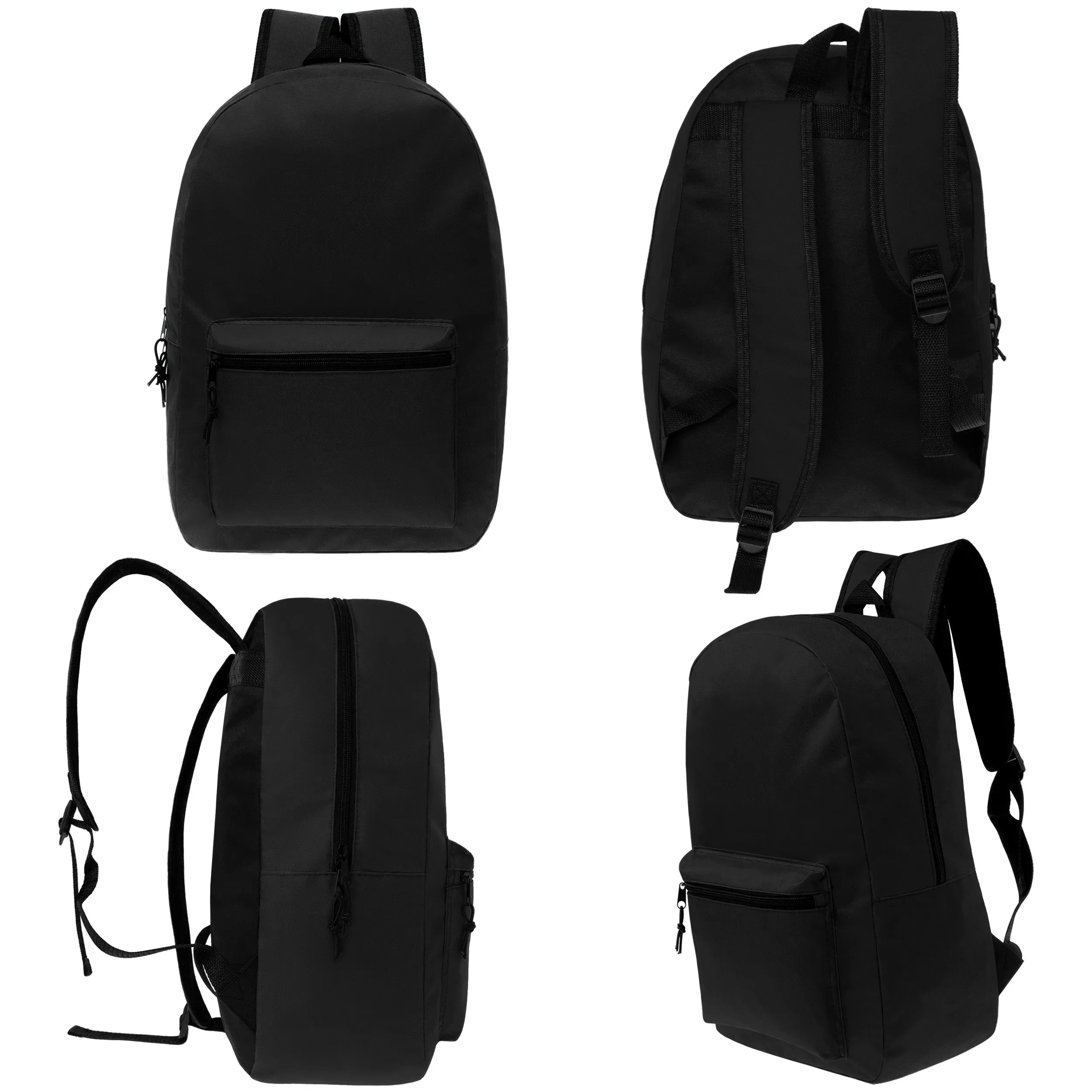 12 Wholesale 15" Classic Backpacks in Black & 12 Bulk School Supply Kits of Your Choice