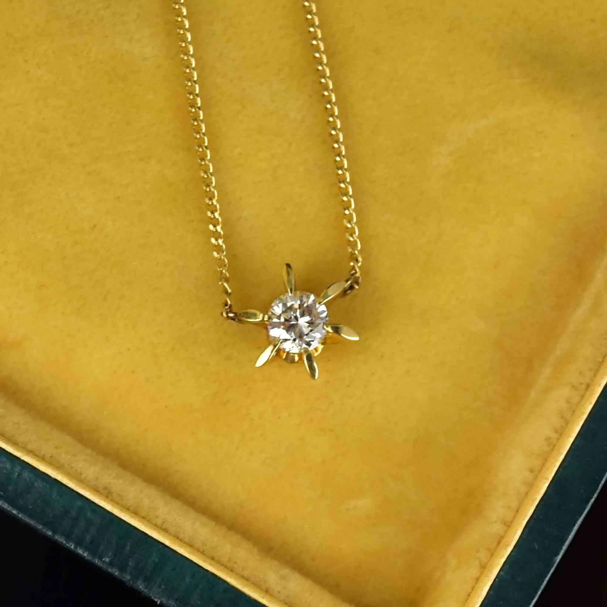 18K Gold Starburst Diamond Solitaire Pendant Necklace