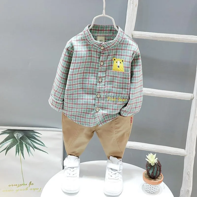 2-piece Bear Pattern Plaid Shirt & Pants for Children Boy