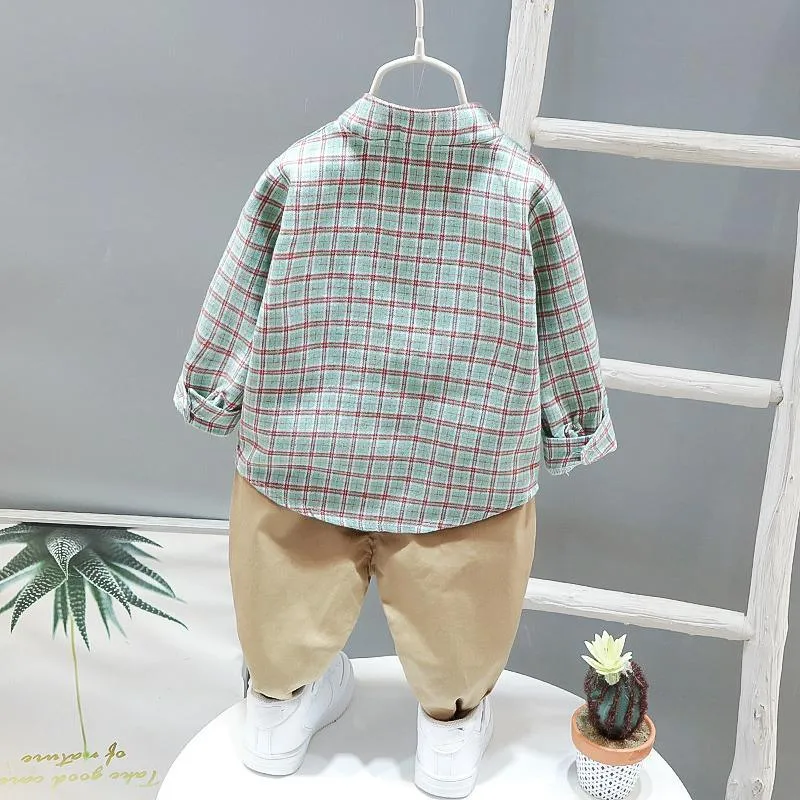 2-piece Bear Pattern Plaid Shirt & Pants for Children Boy