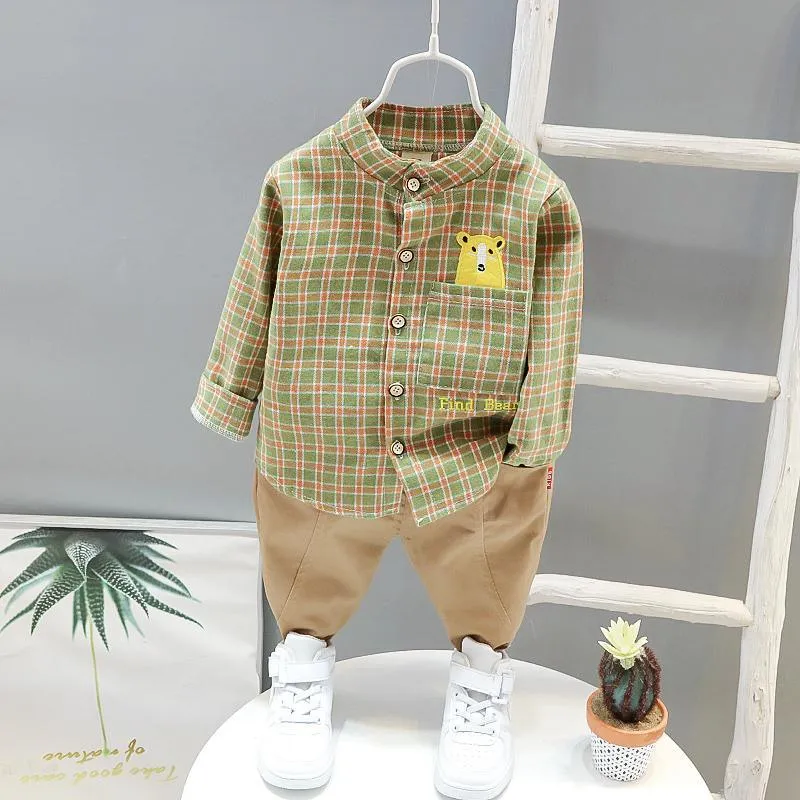 2-piece Bear Pattern Plaid Shirt & Pants for Children Boy