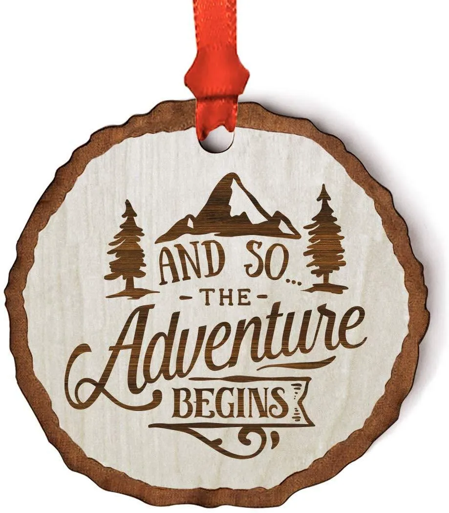 Andaz Press Real Wood Rustic Christmas Ornament, Engraved Wood Slab, and so The Adventure Begins