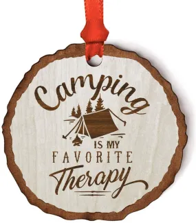 Andaz Press Real Wood Rustic Christmas Ornament, Engraved Wood Slab, Camping is My Favorite Therapy