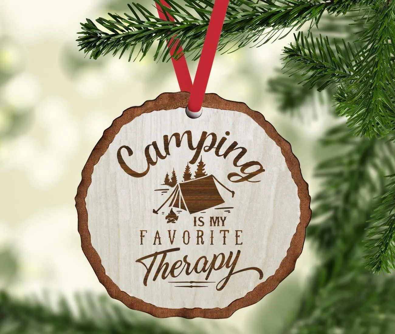 Andaz Press Real Wood Rustic Christmas Ornament, Engraved Wood Slab, Camping is My Favorite Therapy