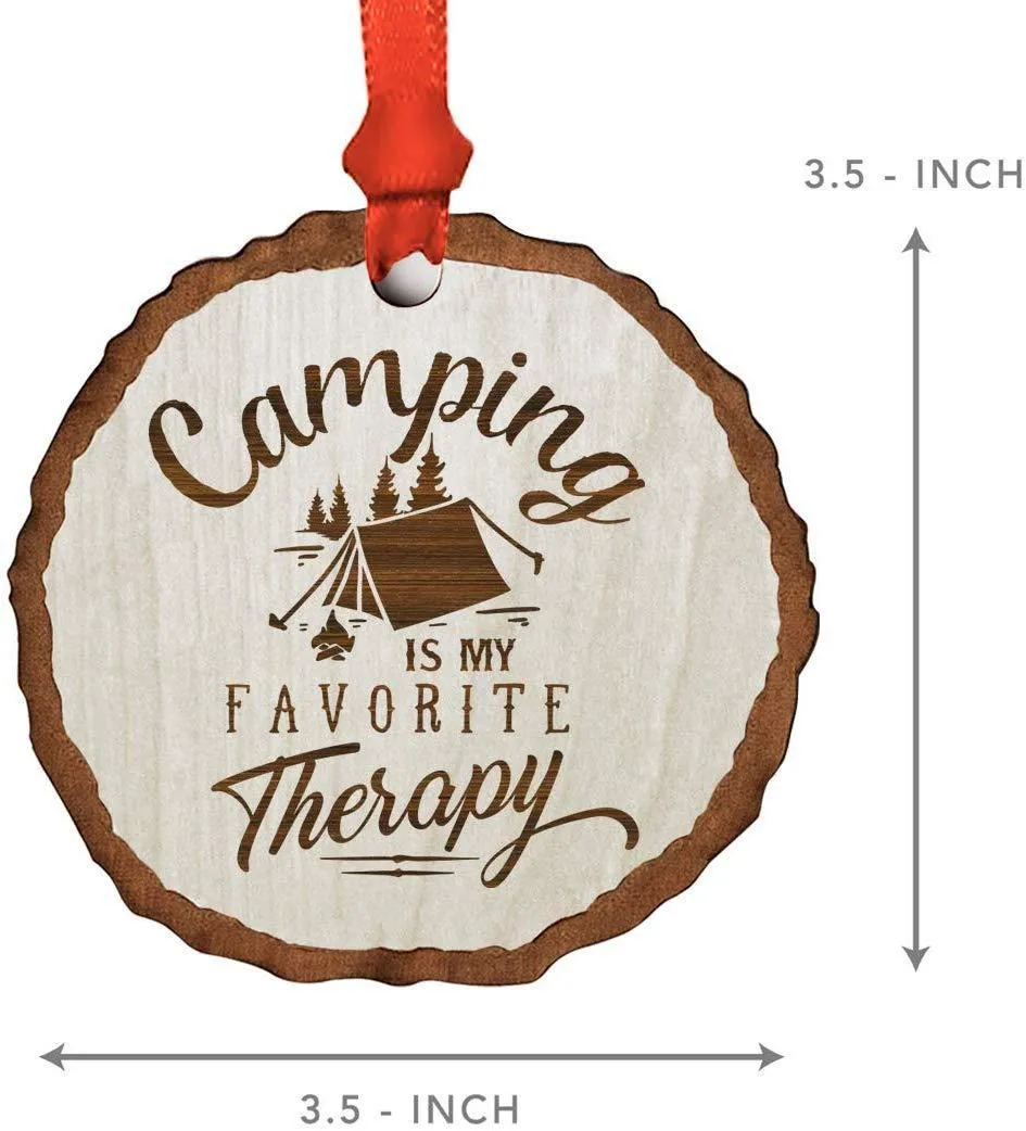 Andaz Press Real Wood Rustic Christmas Ornament, Engraved Wood Slab, Camping is My Favorite Therapy