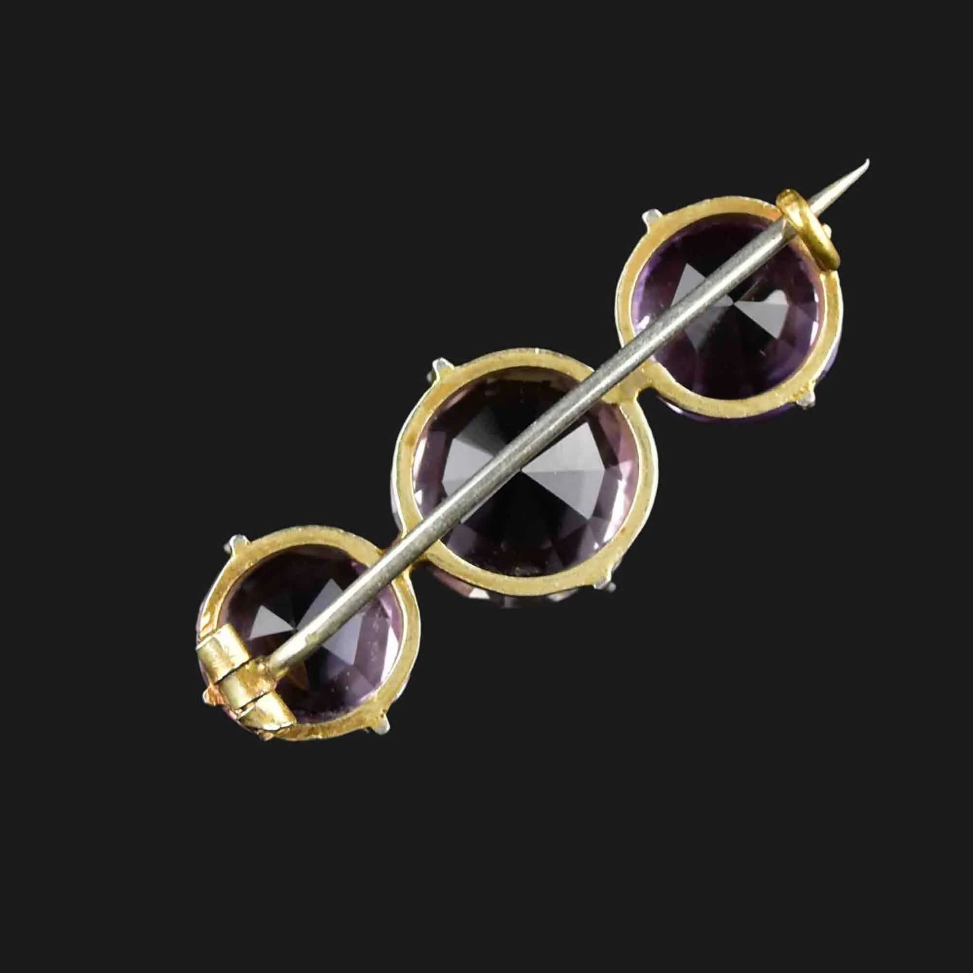 Antique Art Deco Natural Amethyst Three Stone Brooch