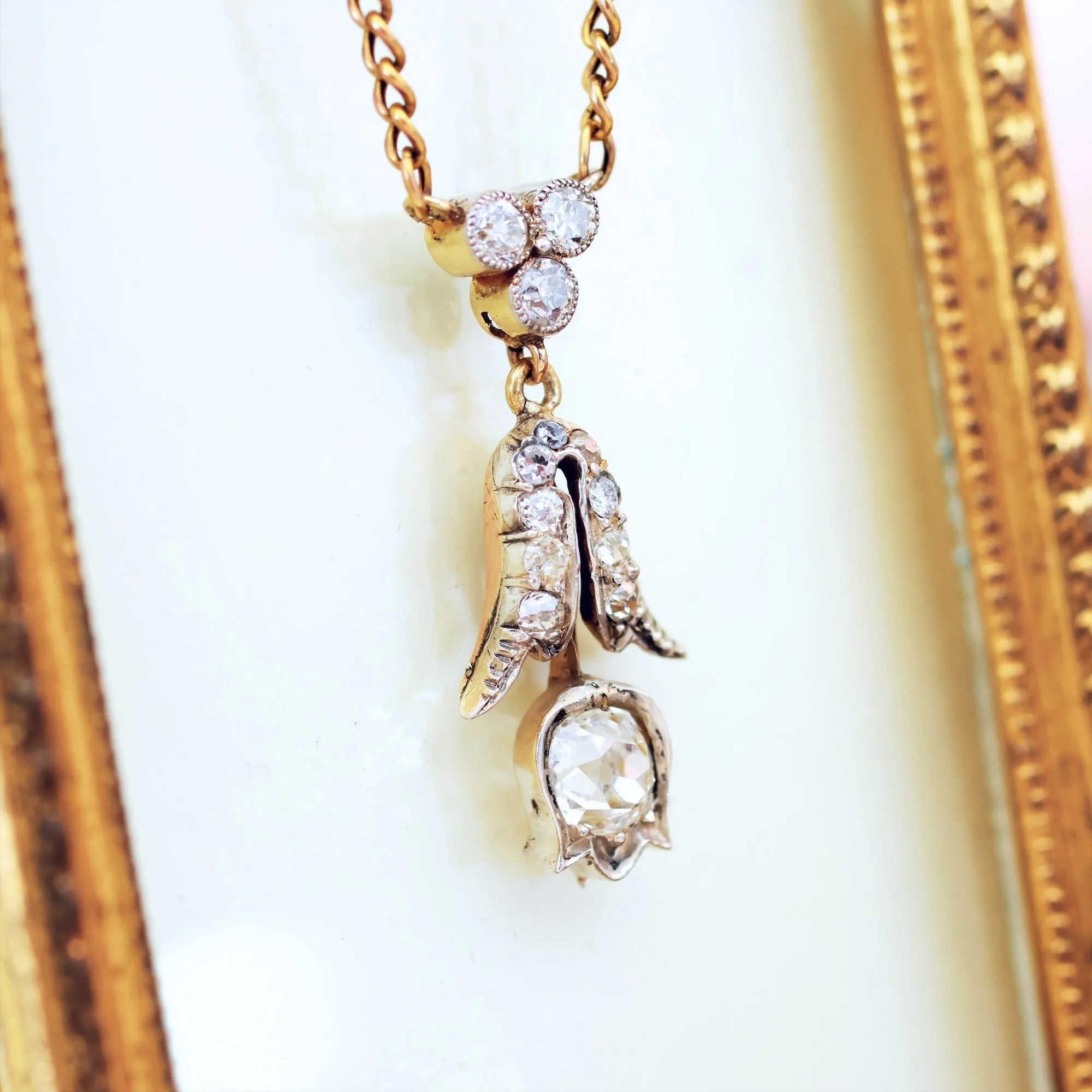 Antique Hand Cut Diamond Tulip Lavaliere Pendant