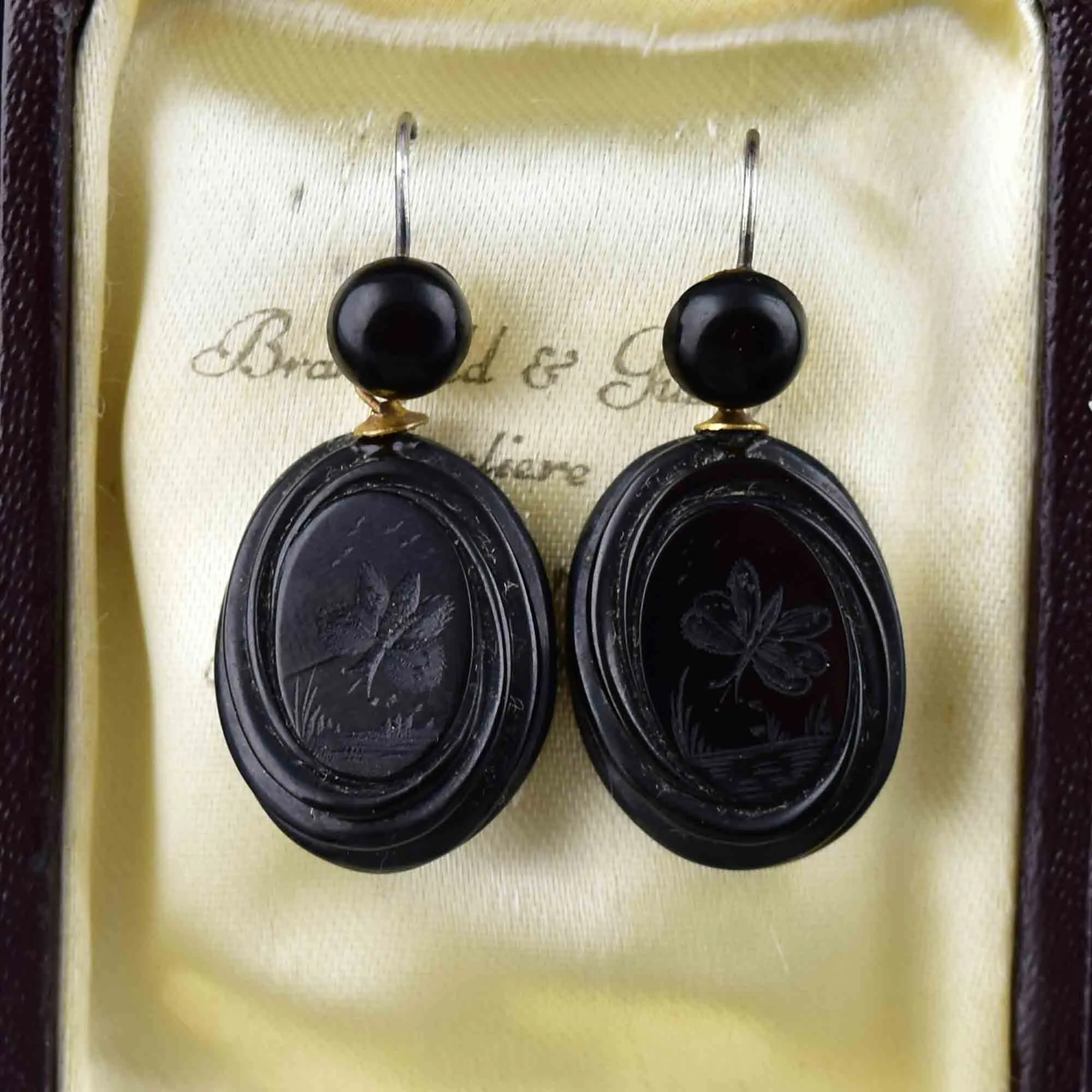 Antique Victorian Carved Whitby Jet Butterfly Earrings