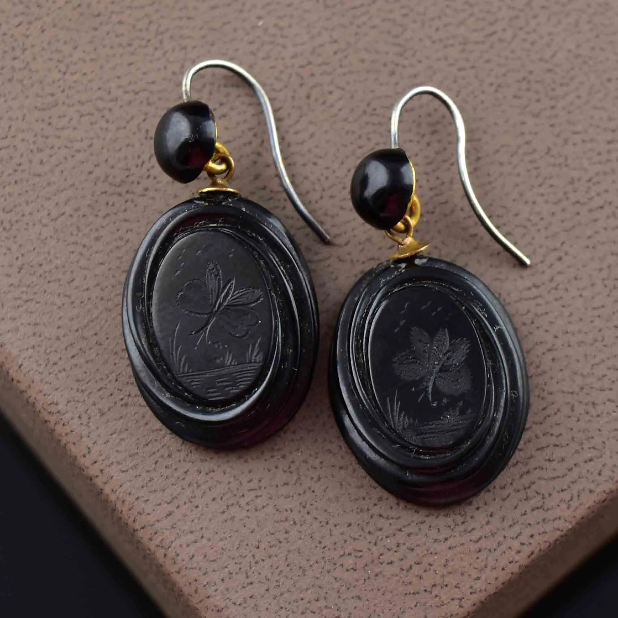 Antique Victorian Carved Whitby Jet Butterfly Earrings