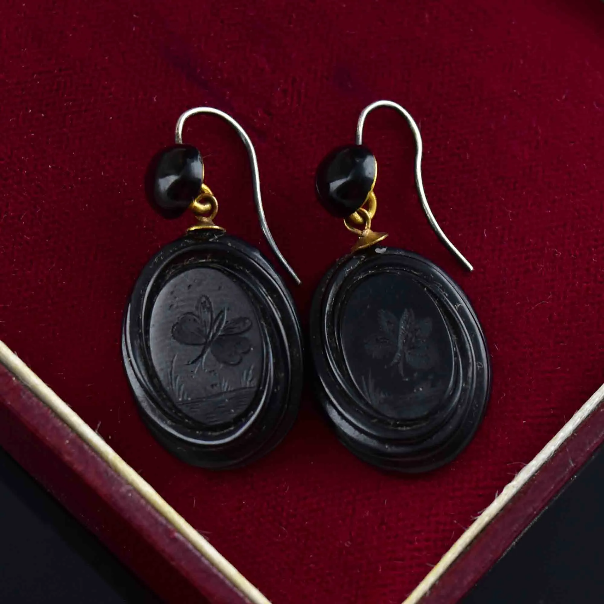 Antique Victorian Carved Whitby Jet Butterfly Earrings