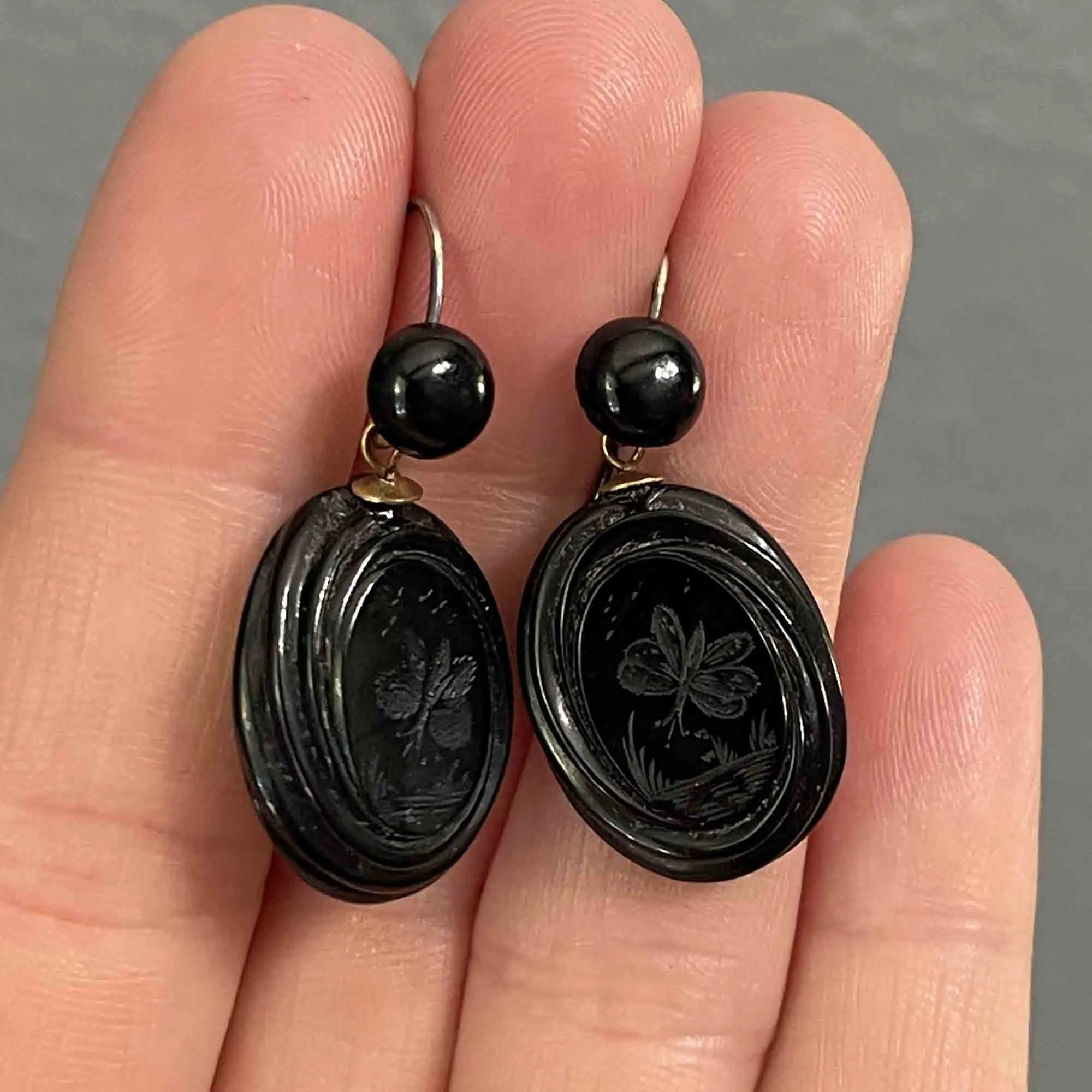 Antique Victorian Carved Whitby Jet Butterfly Earrings