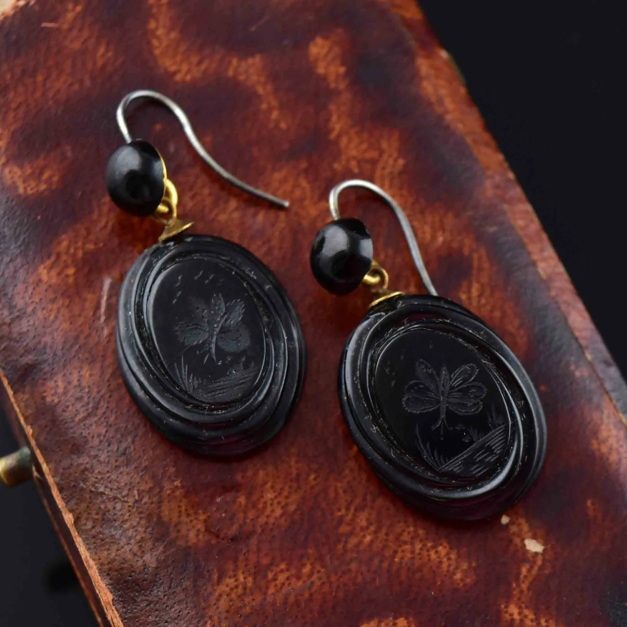 Antique Victorian Carved Whitby Jet Butterfly Earrings