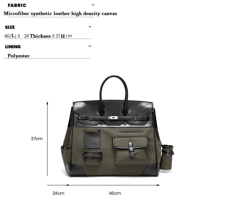 Army green Retro birkin inspired handmade canvas men business travel tote women's weekender travel overnight weekend handbag