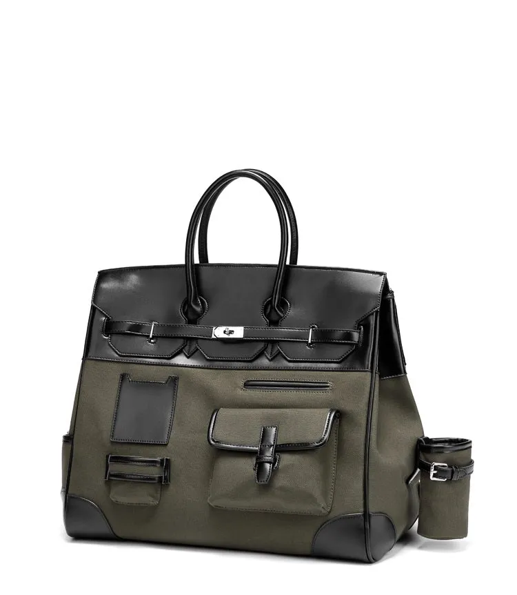 Army green Retro birkin inspired handmade canvas men business travel tote women's weekender travel overnight weekend handbag