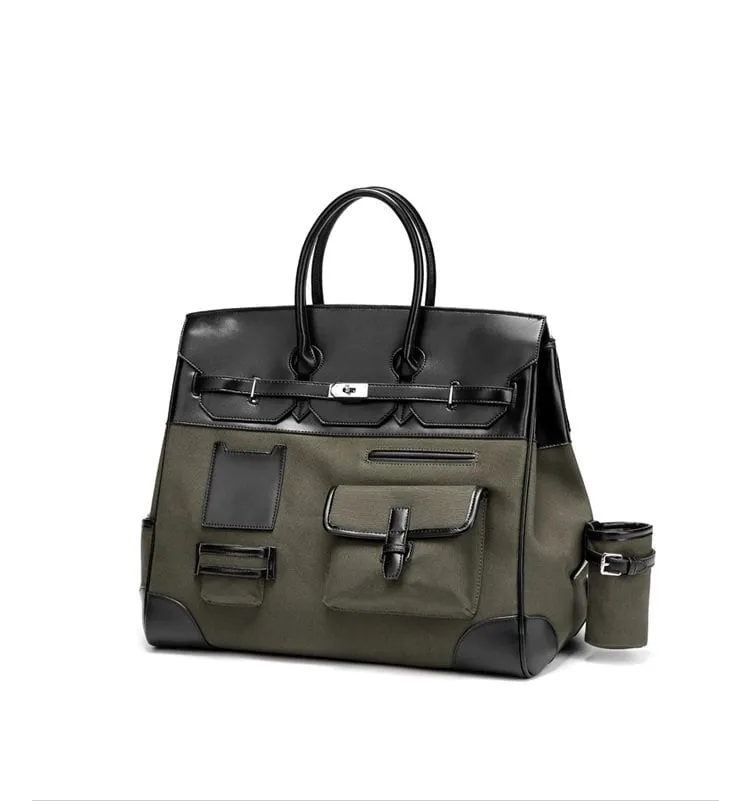 Army green Retro birkin inspired handmade canvas men business travel tote women's weekender travel overnight weekend handbag