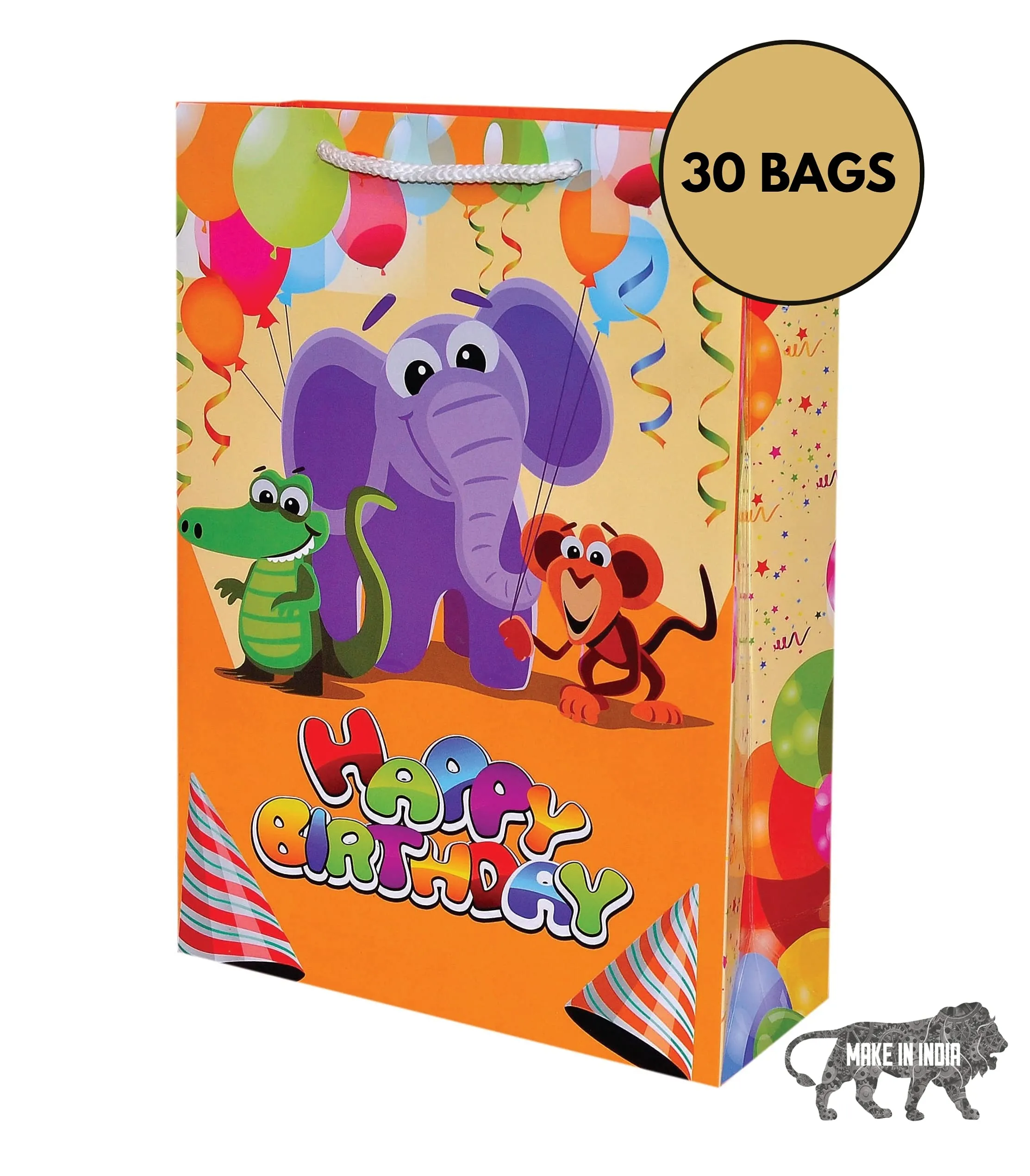 Arrow Paper Bags paper Birthday Bag With Elephant Theme (Multicolour) - Pack Of 30