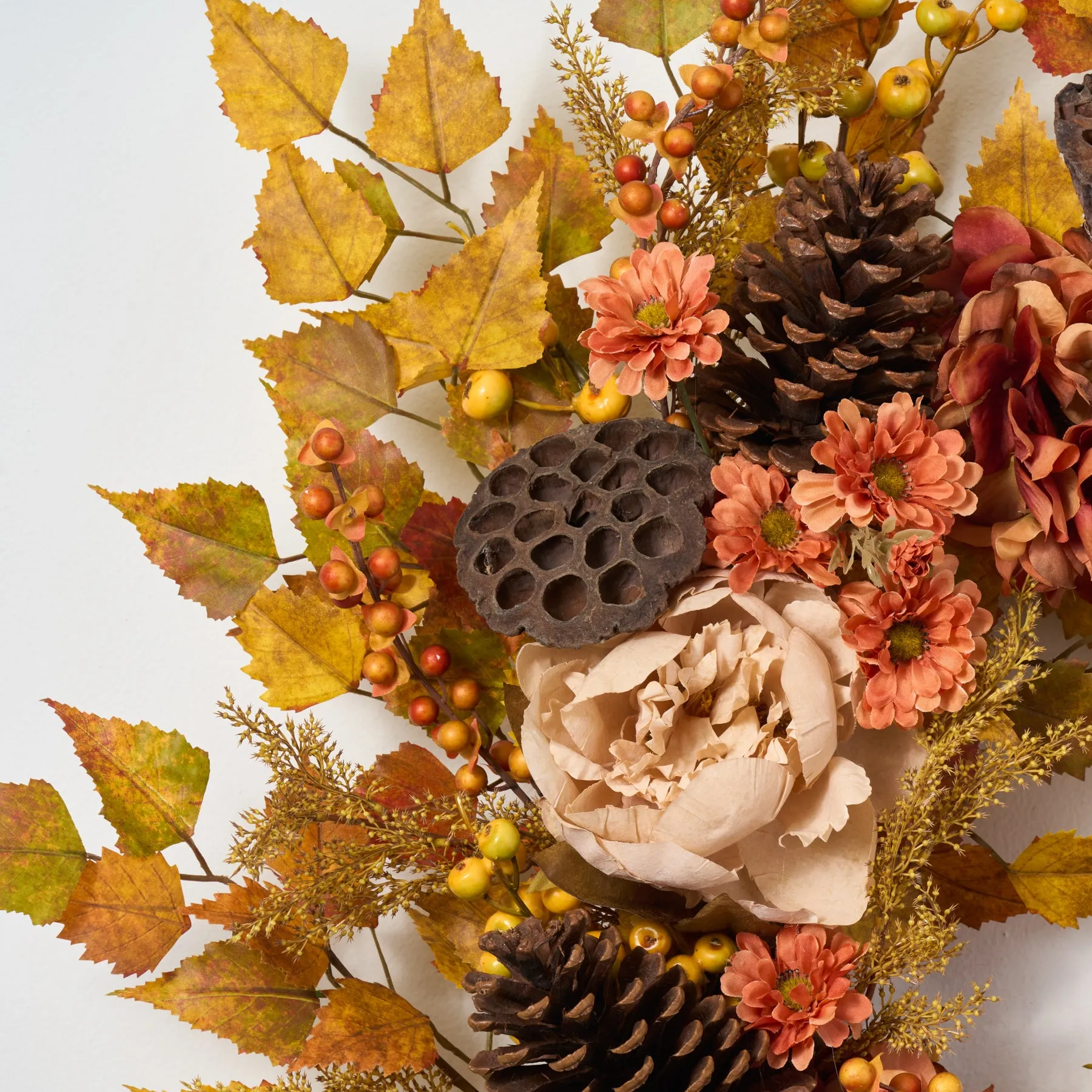 Autumn Glow - Cream Peony, Dark Orange Hydrangea & Zinnia Front Door Fall Wreath