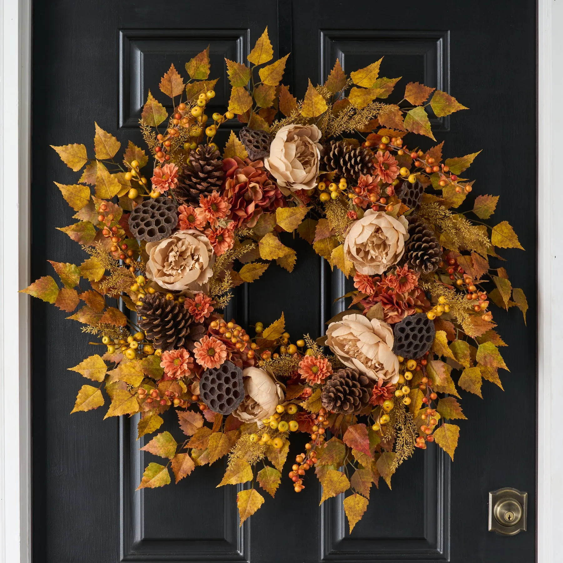 Autumn Glow - Cream Peony, Dark Orange Hydrangea & Zinnia Front Door Fall Wreath