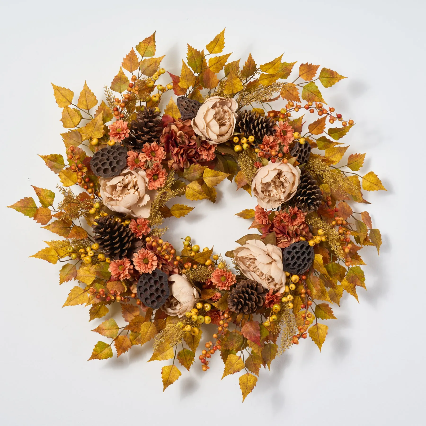 Autumn Glow - Cream Peony, Dark Orange Hydrangea & Zinnia Front Door Fall Wreath