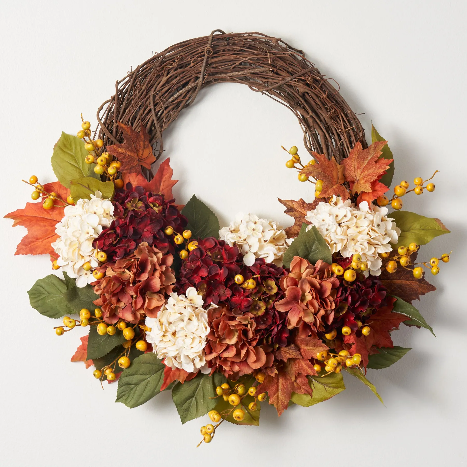 Autumn Hydrangea & Maple Leaf Asymmetrical Front Door Fall Wreath