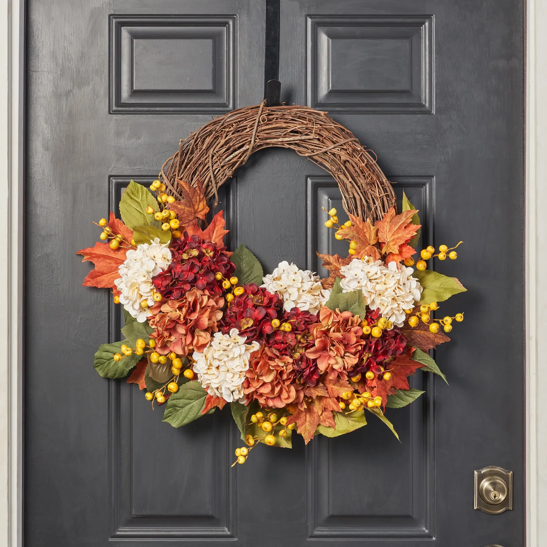 Autumn Hydrangea & Maple Leaf Asymmetrical Front Door Fall Wreath