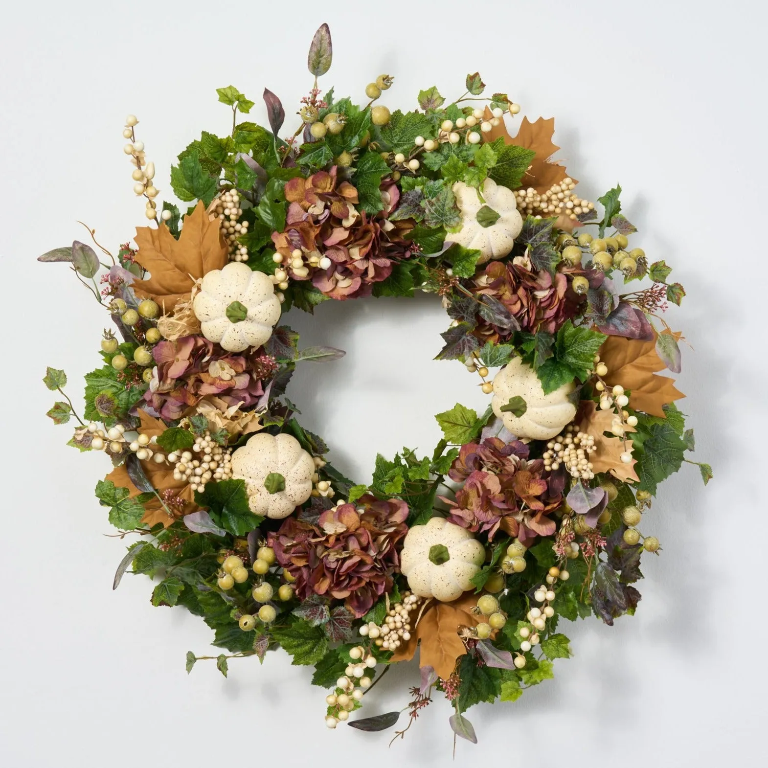 Autumn Hydrangea, Cream Pumpkin & Berry Front Door Fall Wreath - Available In 3 Sizes