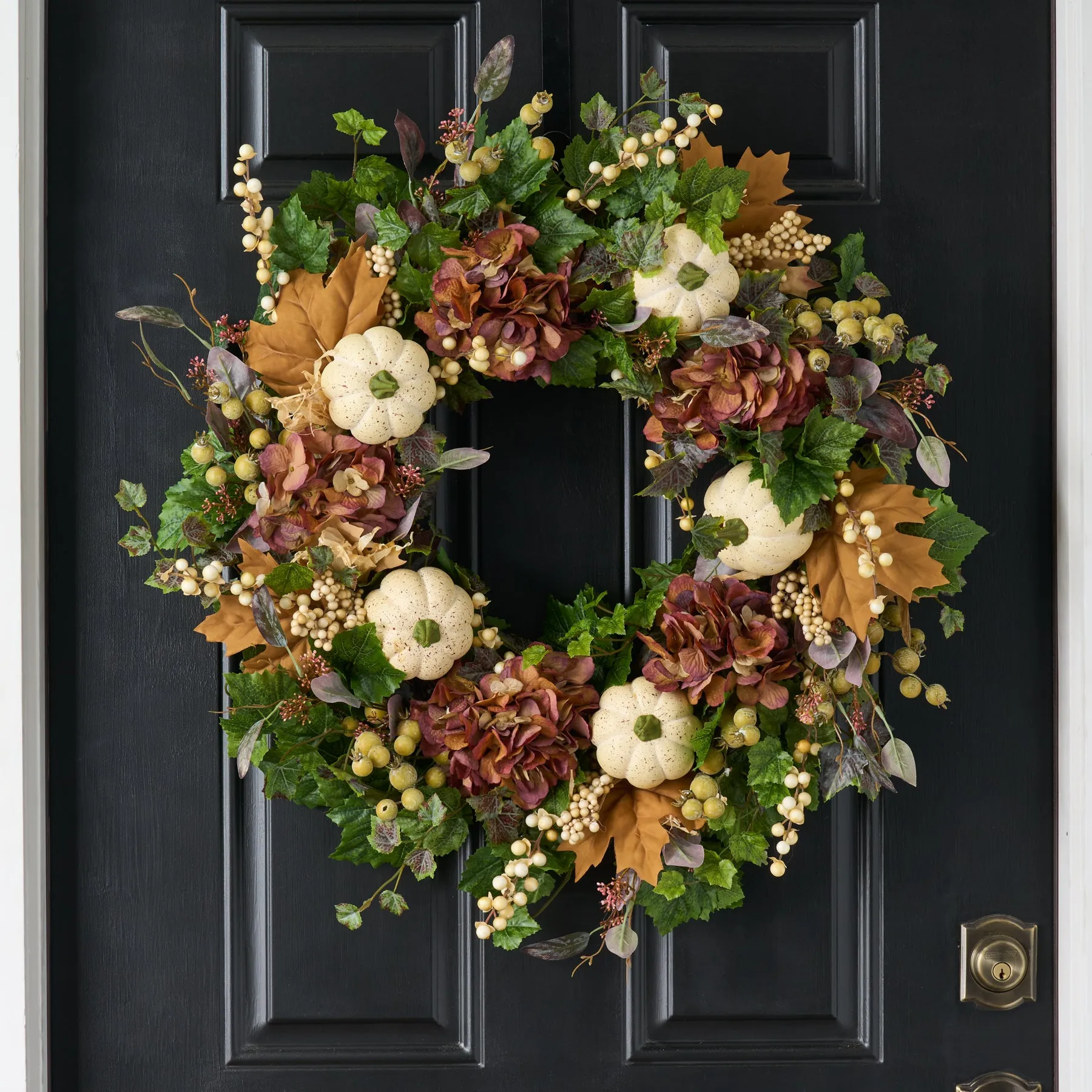 Autumn Hydrangea, Cream Pumpkin & Berry Front Door Fall Wreath - Available In 3 Sizes