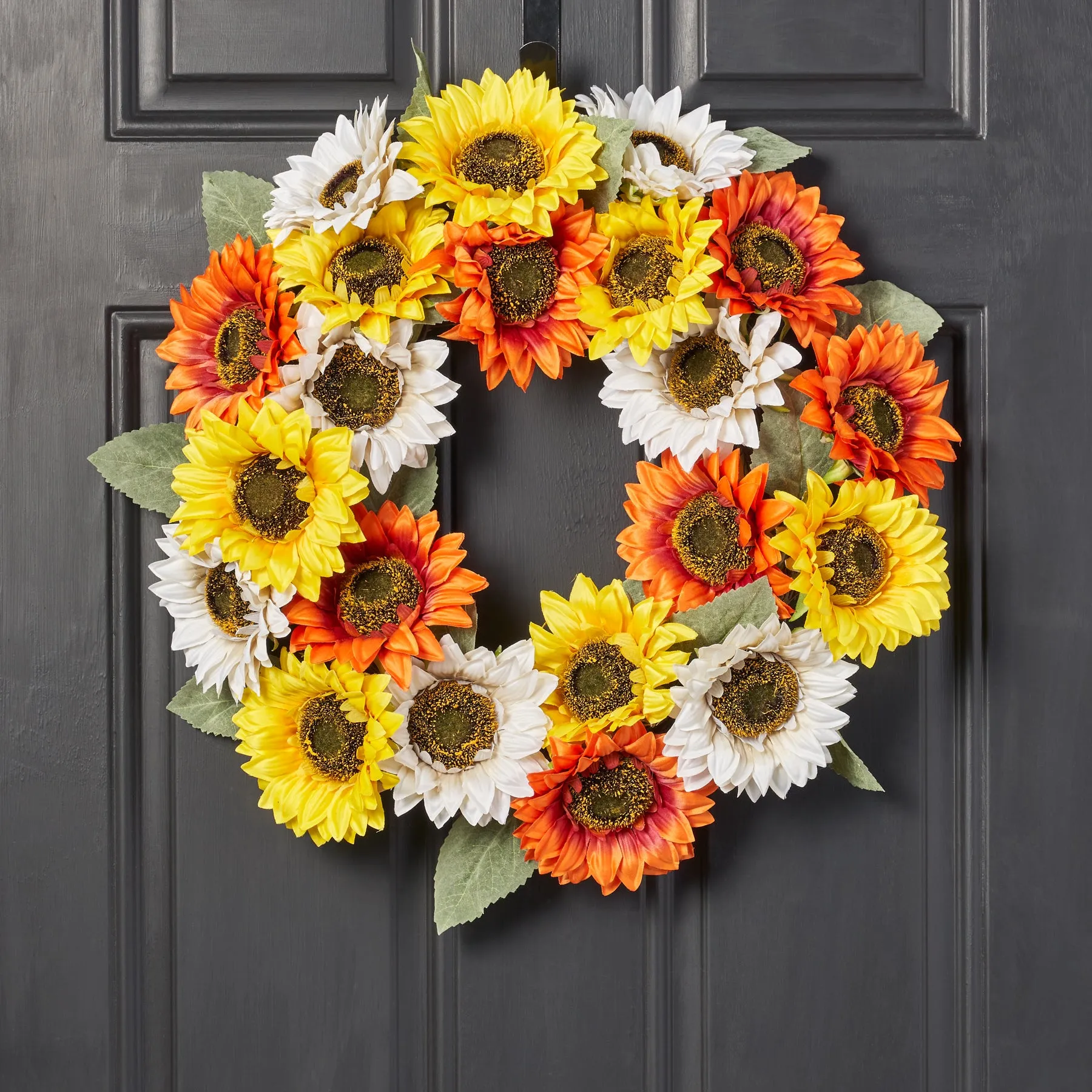 Autumn Medley of Yellow, Orange & White Faux Sunflowers Front Door Fall Wreath