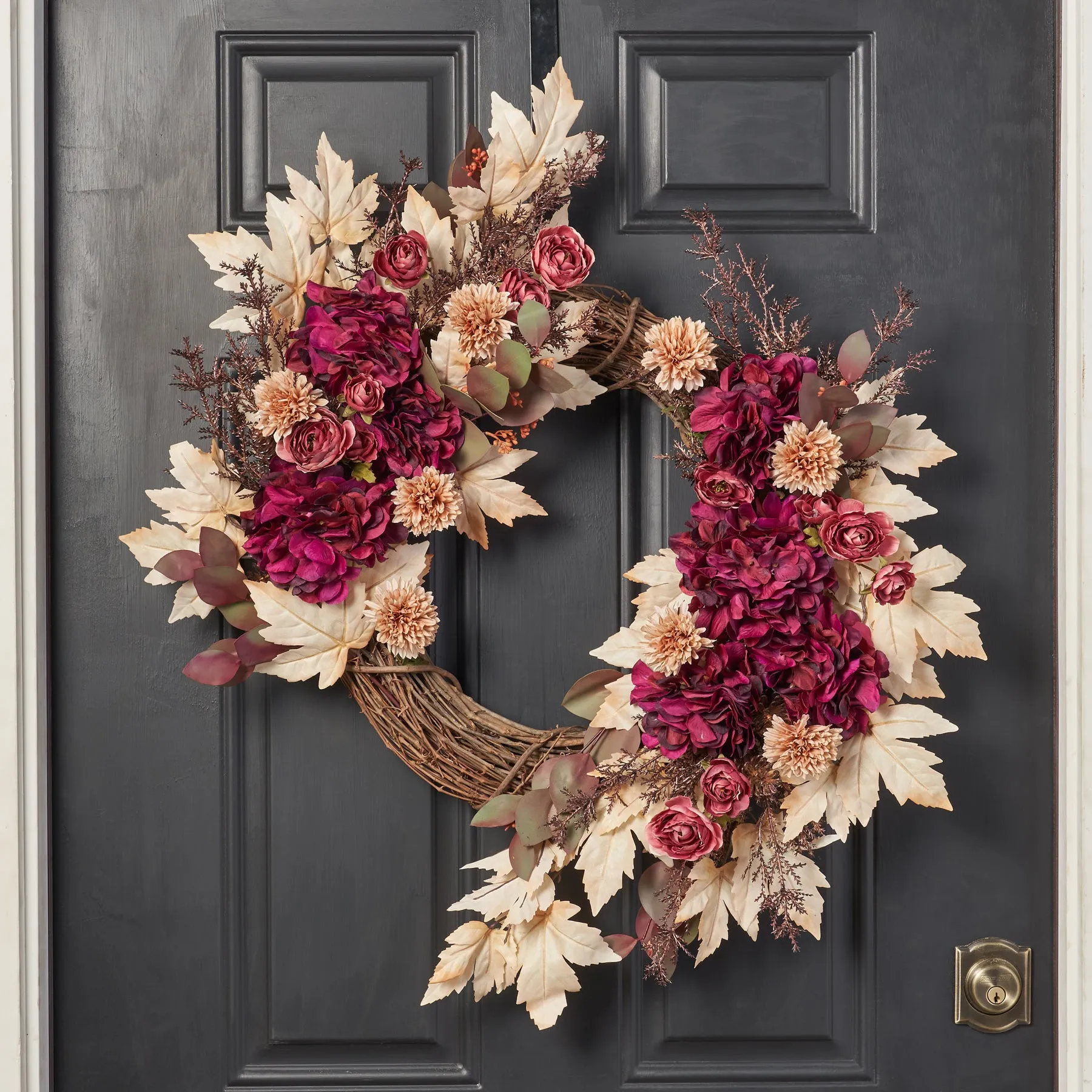 Autumn Romance - Harvest Hydrangea, Mauve Ranunculus, Seeded Eucalyptus Fall Front Door Wreath