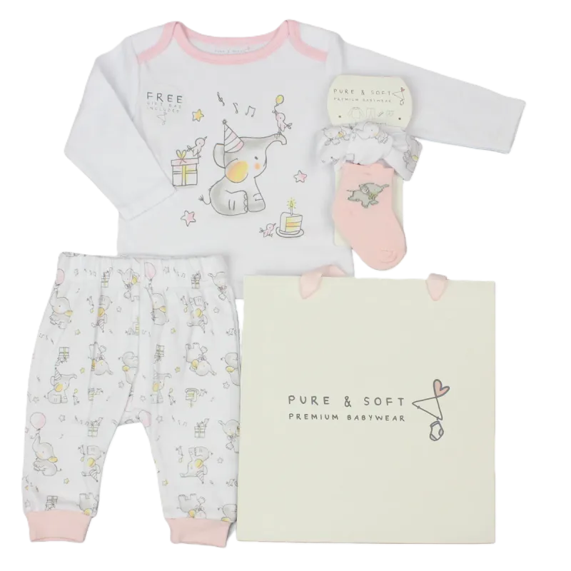 Baby Girls 4pc Gift Set - Elephant Print (PK6) (0-6M) E13339