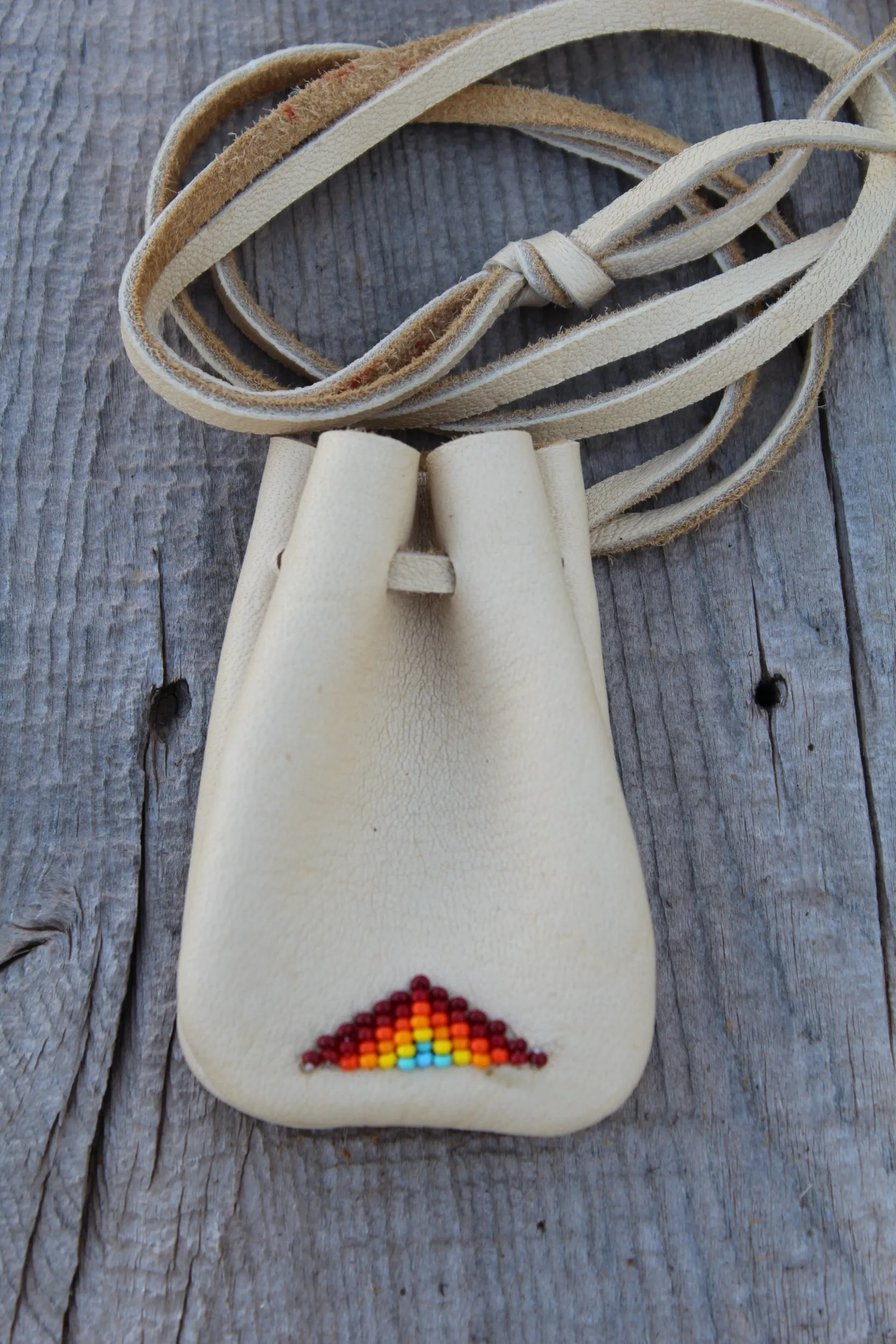 Beaded leather medicine bag, necklace bag, crystal pouch