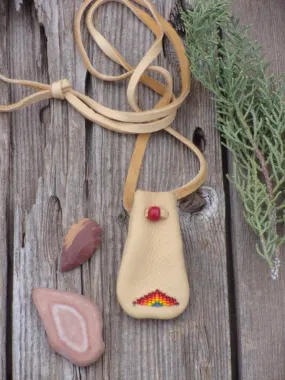 Beaded medicine bag, leather amulet bag, rainbow pouch