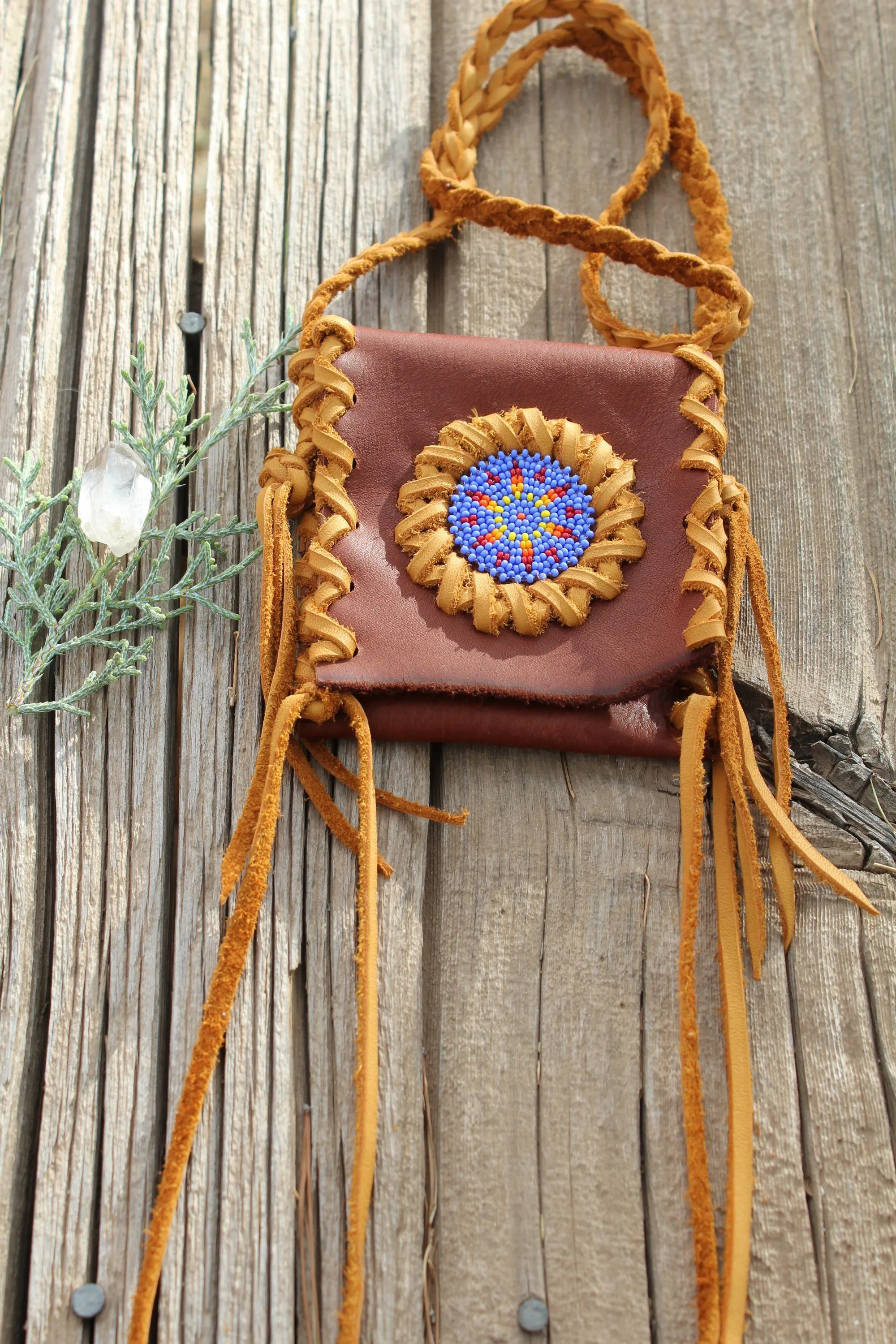 Beaded medicine bag , leather amulet bag