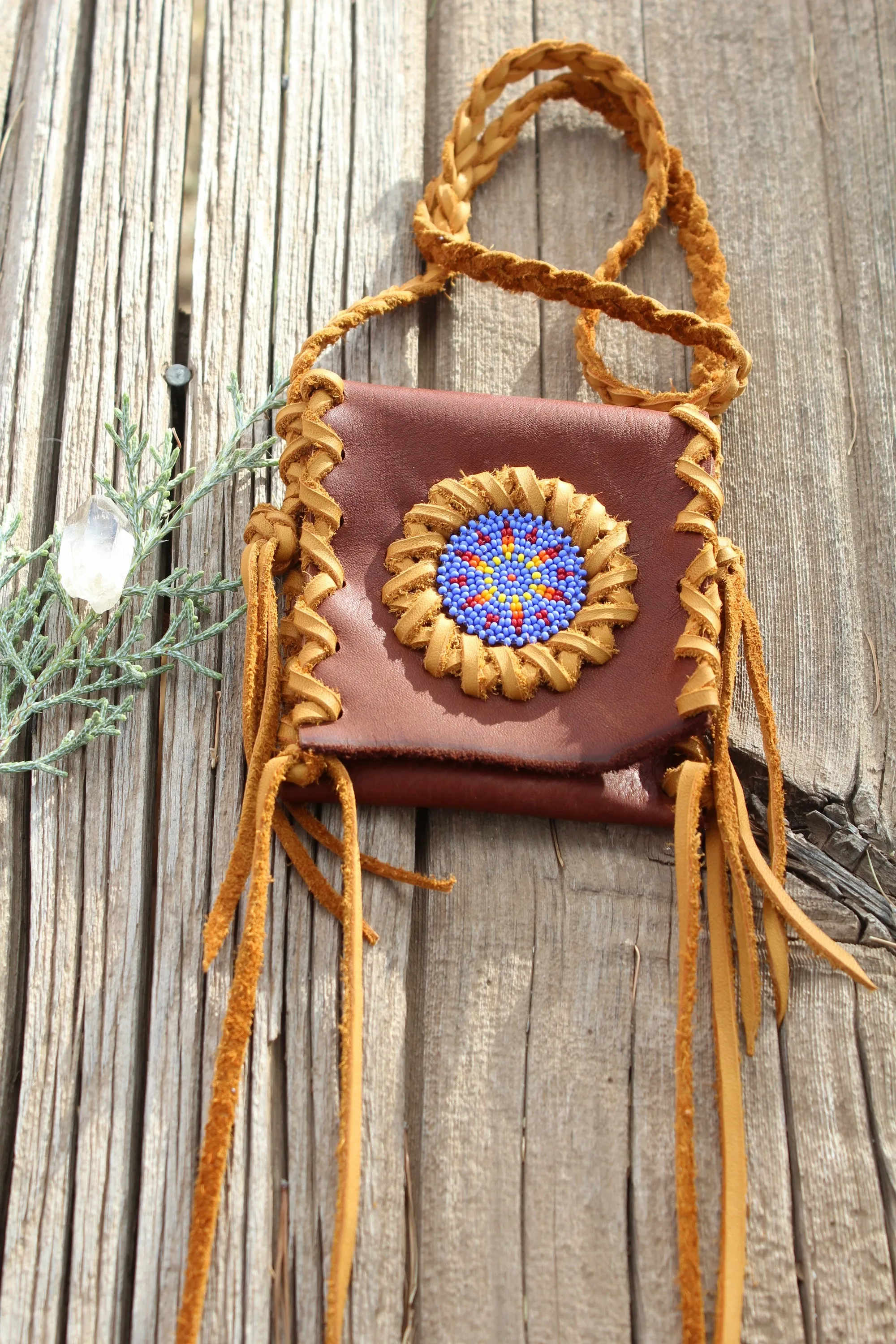 Beaded medicine bag , leather amulet bag