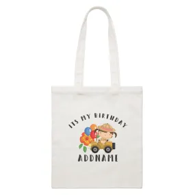 Birthday Safari Explorer Girl Driving Jeep Car It's My Birthday Addname White Canvas Bag