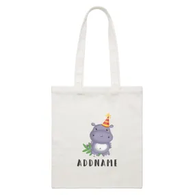 Birthday Safari Hippo Wearing Party Hat Addname White Canvas Bag