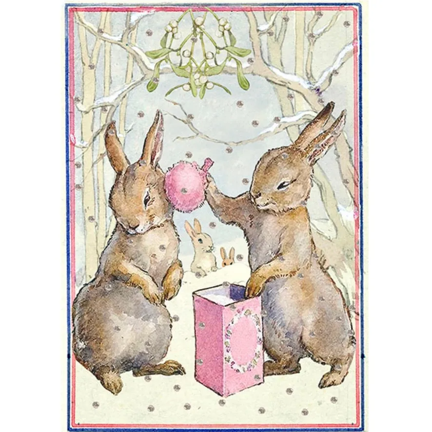 Bunnies in Forest Hand Glittered Christmas Card