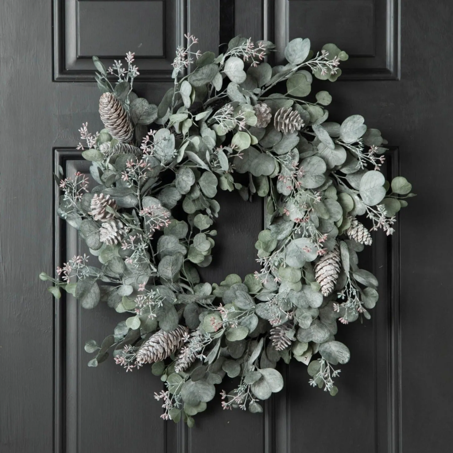 Candlelit Evenings - Faux Dusty Green Silver Dollar Eucalyptus & Pinecone Christmas Front Door Winter Wreath