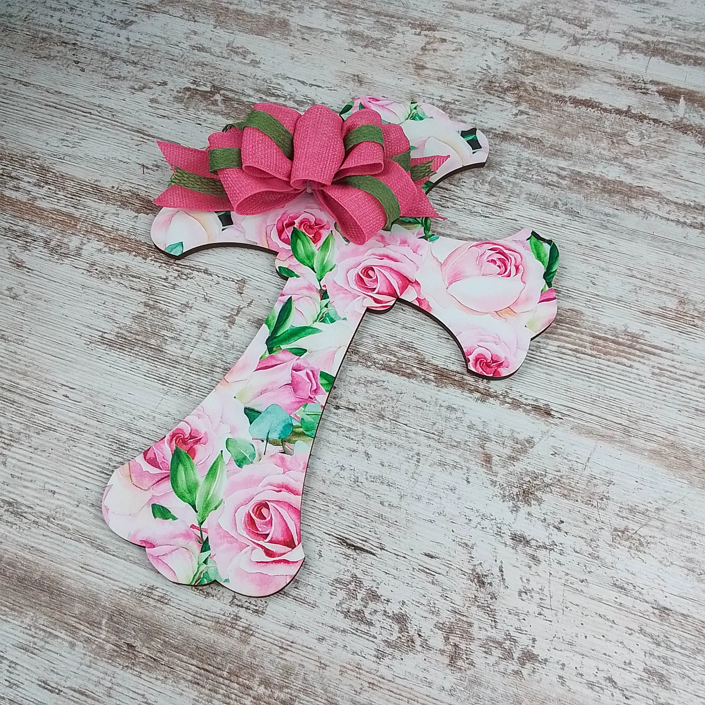 Christian Cross Door Hanger, Floral Birch Wood Decoration, Spiritual Home Décor