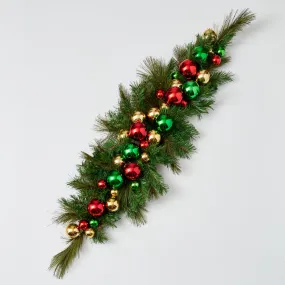 Christmas Celebrations - Red, Green, Gold Ornament Ball & Mixed Pine Long Table Runner Swag