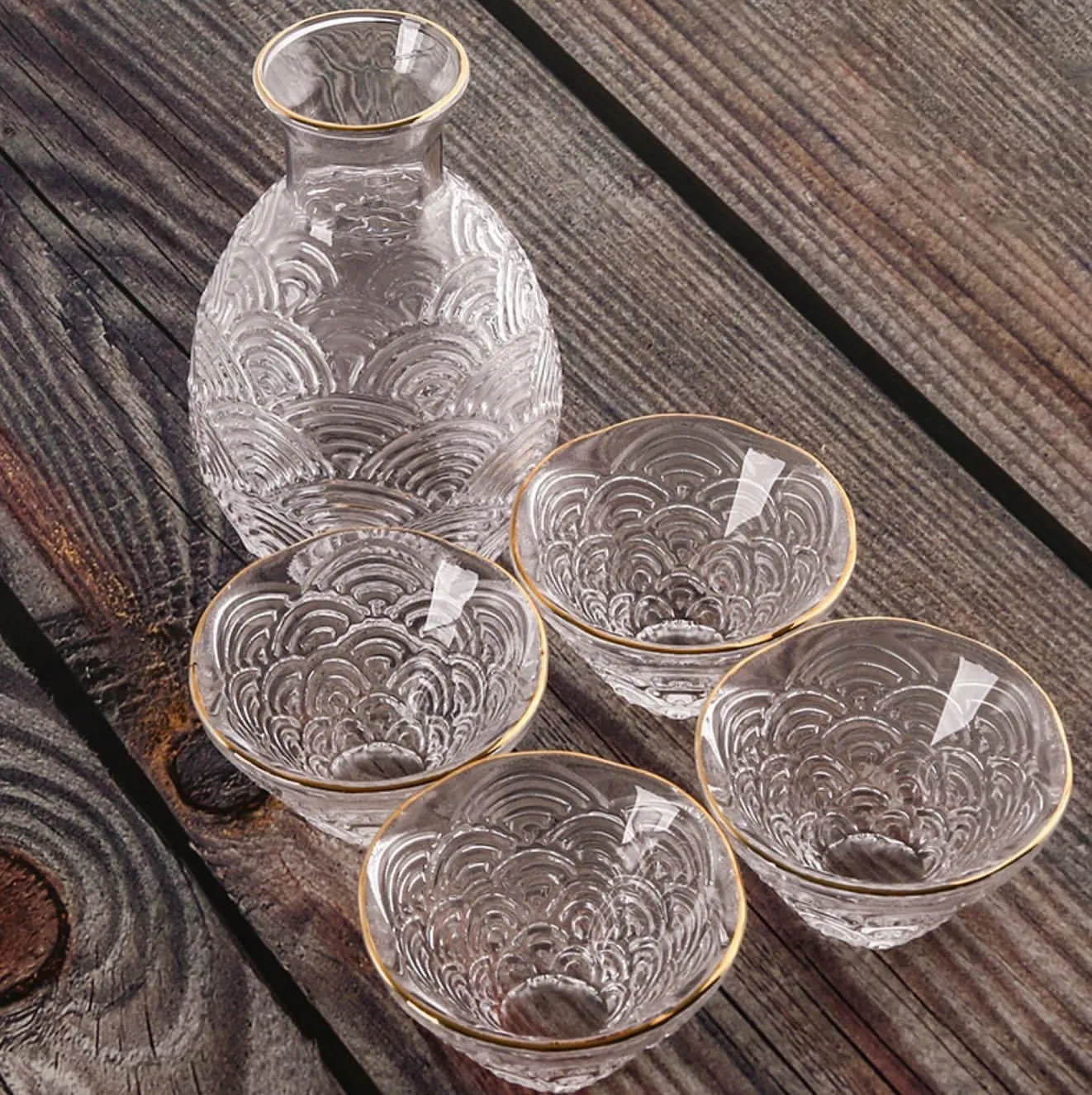 Classic Glass Sake Cup Set- Stripe Sake Set with gold grid fringe- 5 pcs sake set